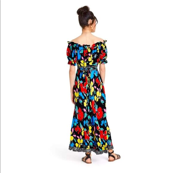 NWT RIXO Polka Dot Floral Off Shoulder Puff Sleeve Maxi Dress - Picture 2 of 5